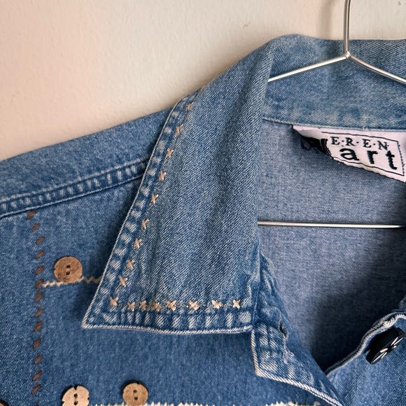 Vintage Jean Denim Jacket Cat Mom Embroidery Appliqué Quirky Cottagecore Artsy S - Picture 8 of 15